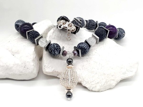 Lilafarbene Kette aus Achatperlen, Hämatit, Bergkristall und Glas 925 Silber – Bild 11