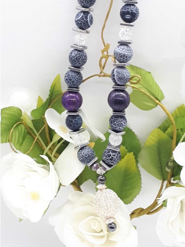 Lilafarbene Kette aus Achatperlen, Hämatit, Bergkristall und Glas 925 Silber – Bild 2