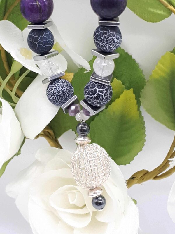 Lilafarbene Kette aus Achatperlen, Hämatit, Bergkristall und Glas 925 Silber – Bild 9