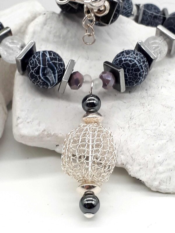 Lilafarbene Kette aus Achatperlen, Hämatit, Bergkristall und Glas 925 Silber – Bild 7