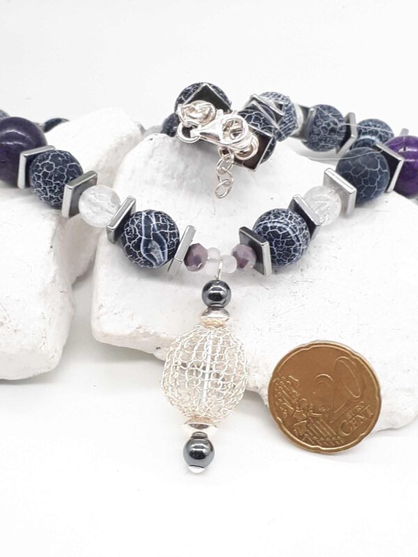 Lilafarbene Kette aus Achatperlen, Hämatit, Bergkristall und Glas 925 Silber – Bild 5