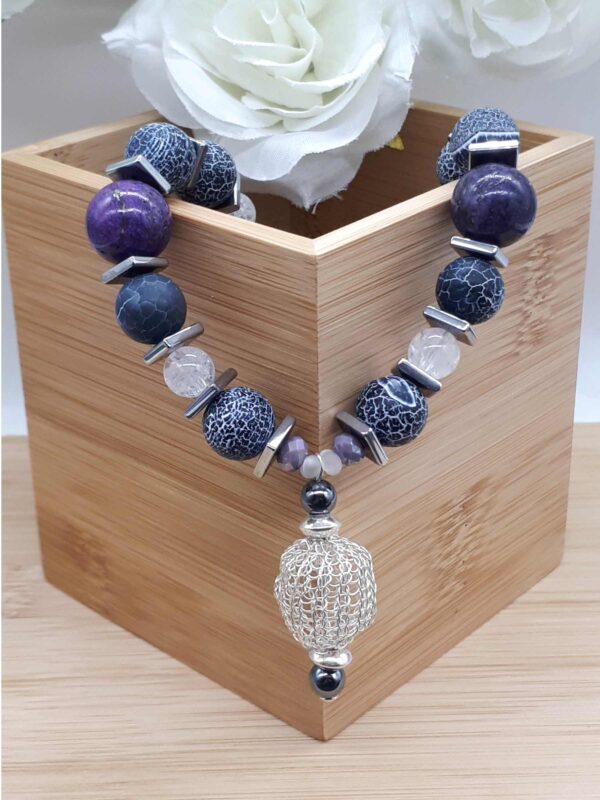 Lilafarbene Kette aus Achatperlen, Hämatit, Bergkristall und Glas 925 Silber – Bild 6