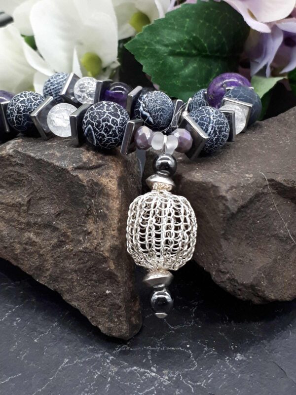 Lilafarbene Kette aus Achatperlen, Hämatit, Bergkristall und Glas 925 Silber – Bild 8