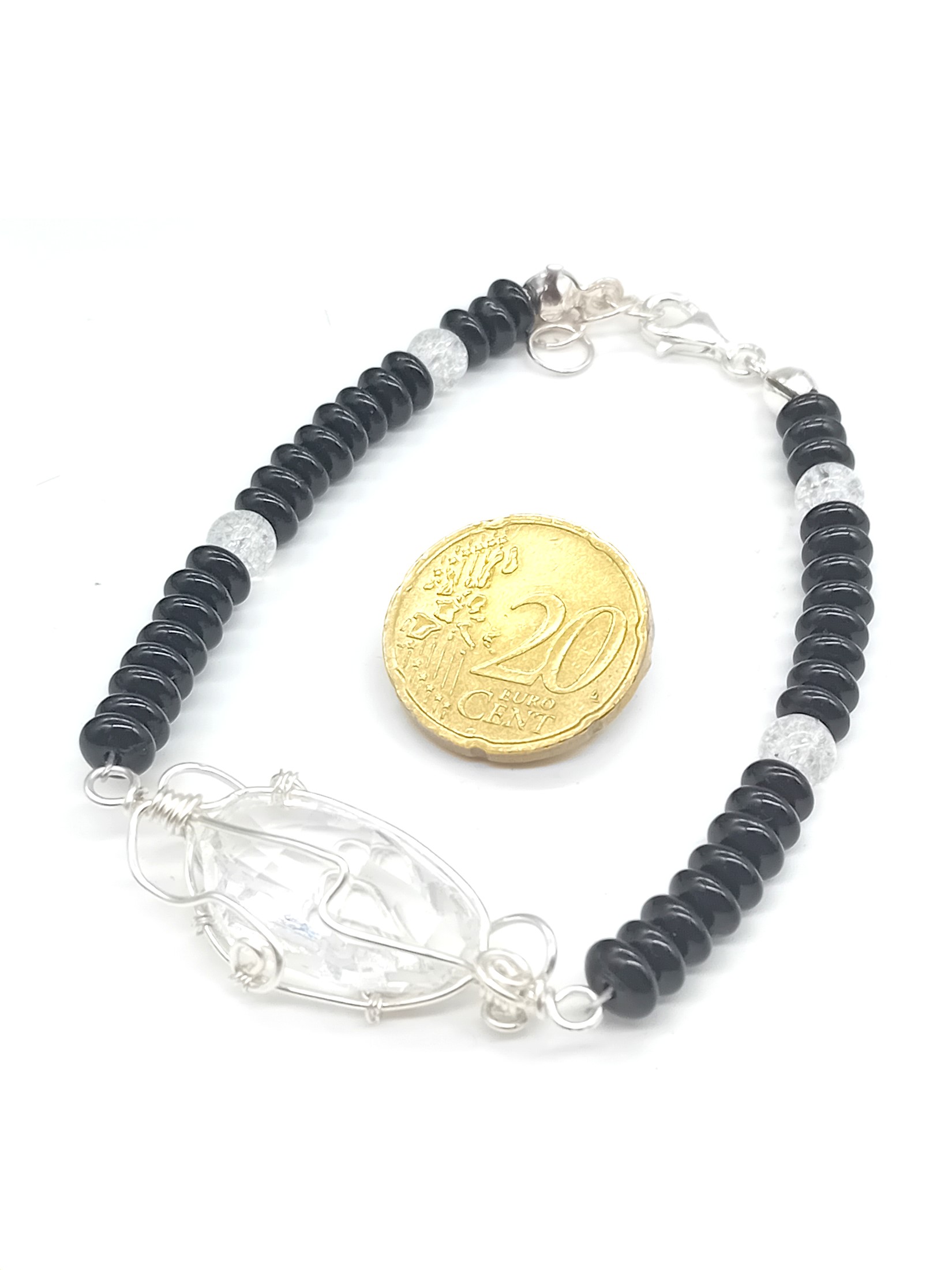 Armband aus Obsidian und Bergkristallperlen und Swarovski Stein 925 Silber – Bild 3