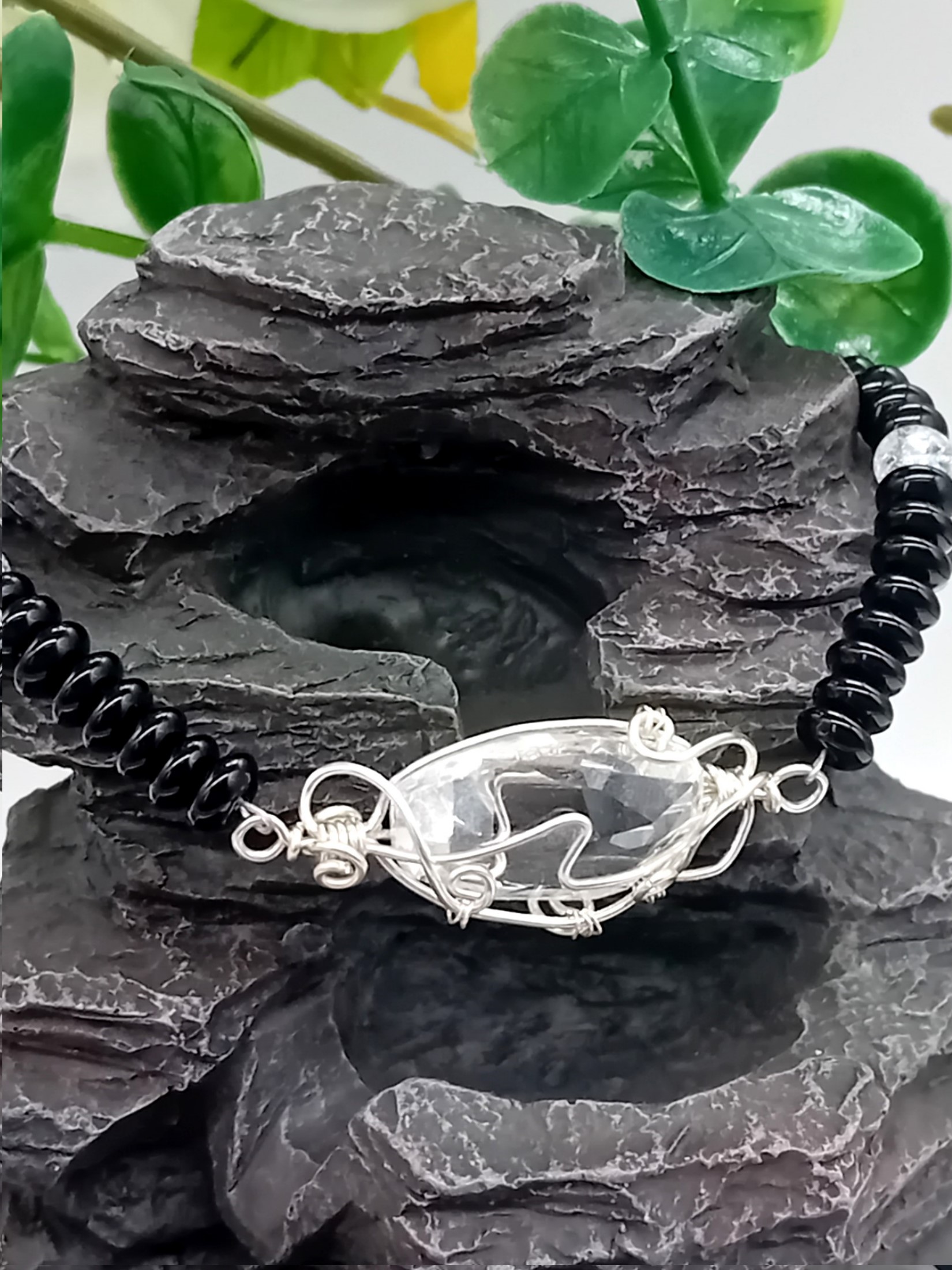 Armband aus Obsidian und Bergkristallperlen und Swarovski Stein 925 Silber – Bild 4