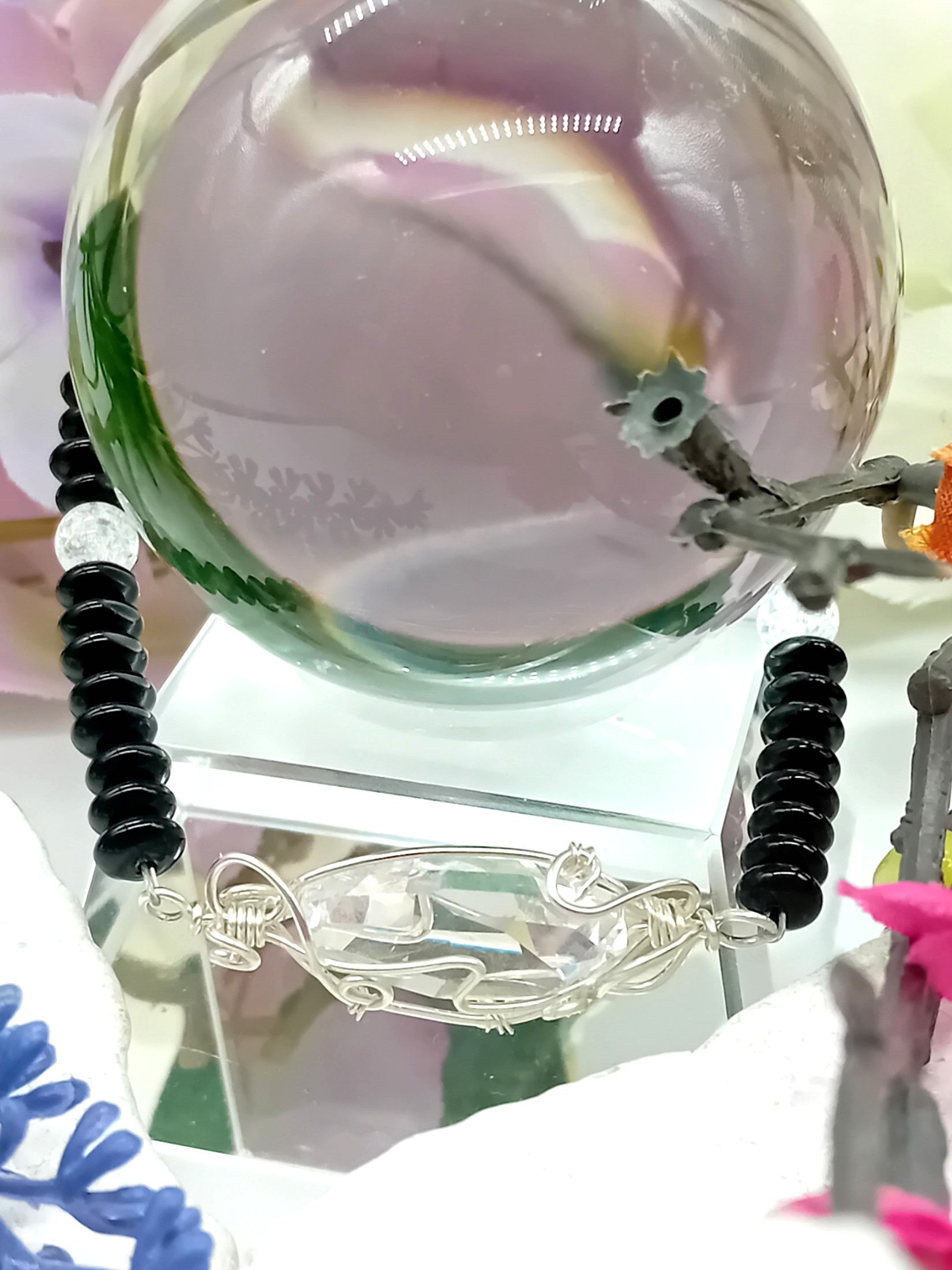 Armband aus Obsidian und Bergkristallperlen und Swarovski Stein 925 Silber – Bild 5