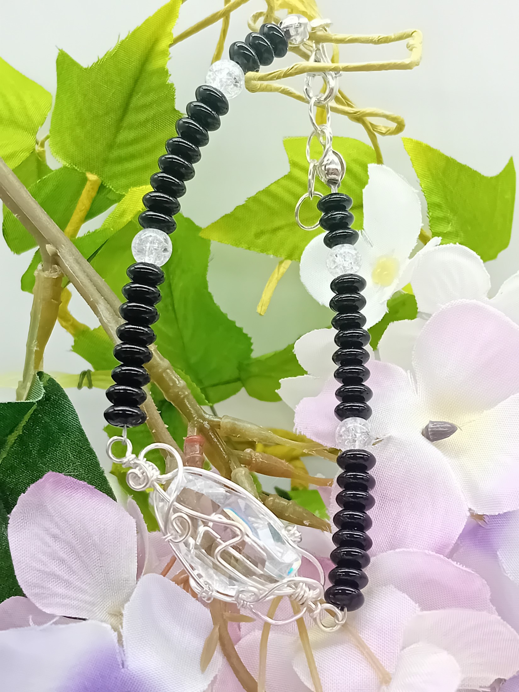 Armband aus Obsidian und Bergkristallperlen und Swarovski Stein 925 Silber – Bild 6