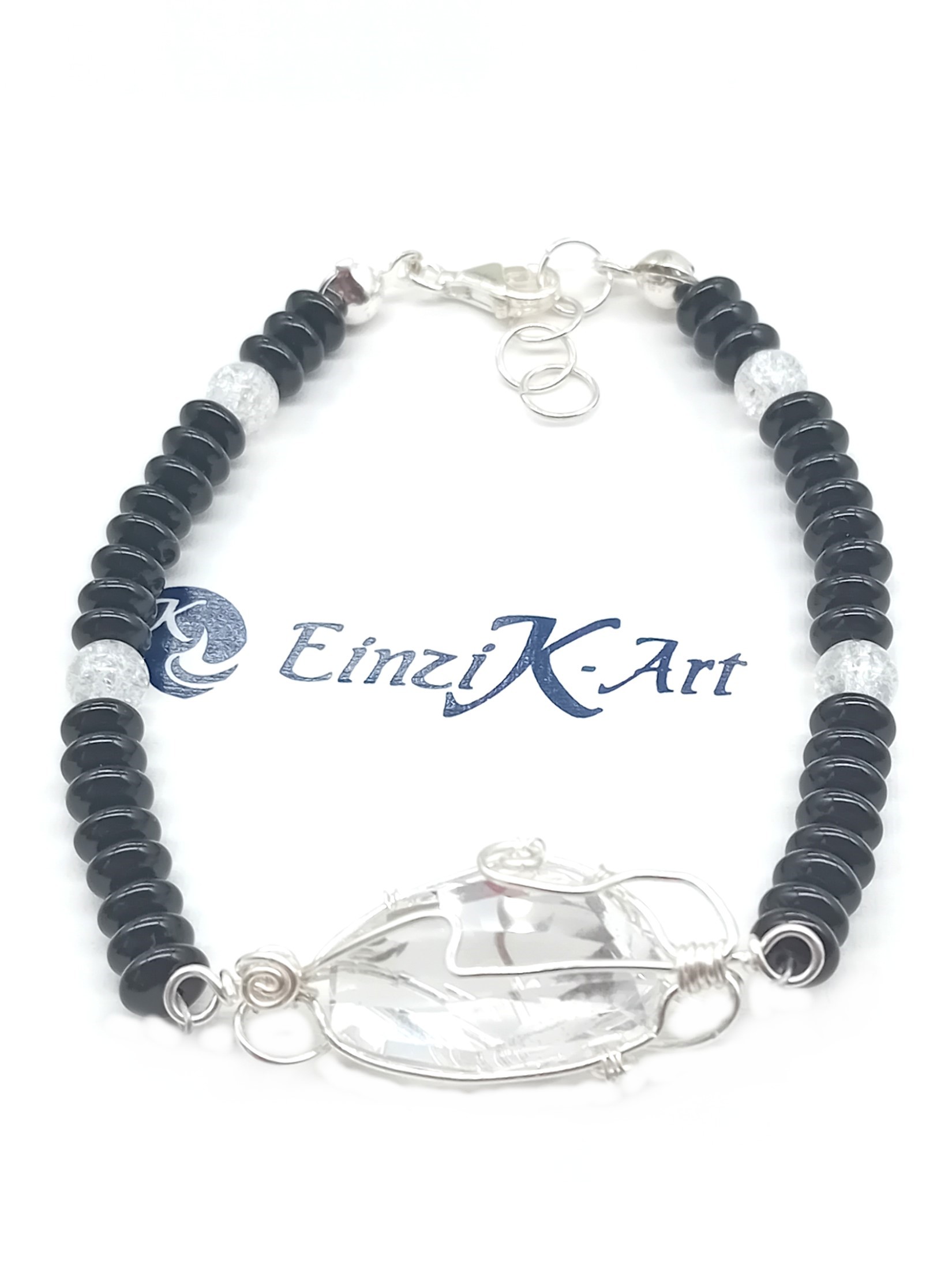 Armband aus Obsidian und Bergkristallperlen und Swarovski Stein 925 Silber – Bild 7