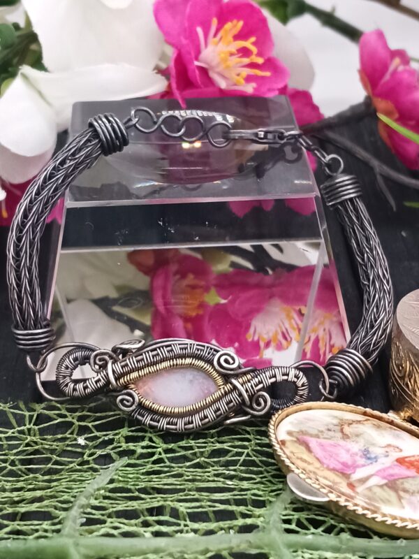 Silberarmband geschwärzt mit Opaltriplette Sterlingsilber und Fassung 585 Gold umwebt – Bild 2