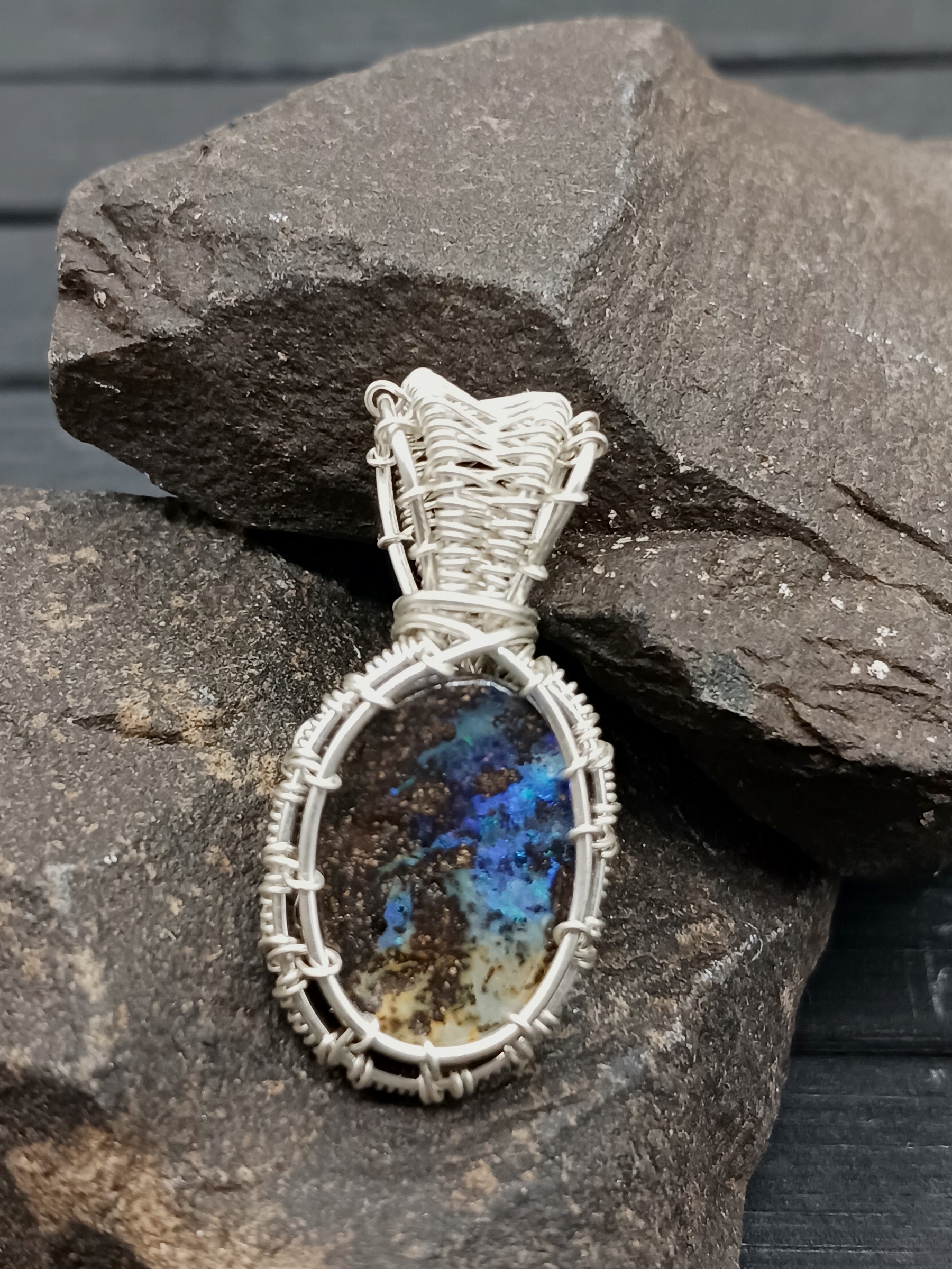 Kettenanhänger Boulderopal in Blau und Braun 925 Silber – Bild 4