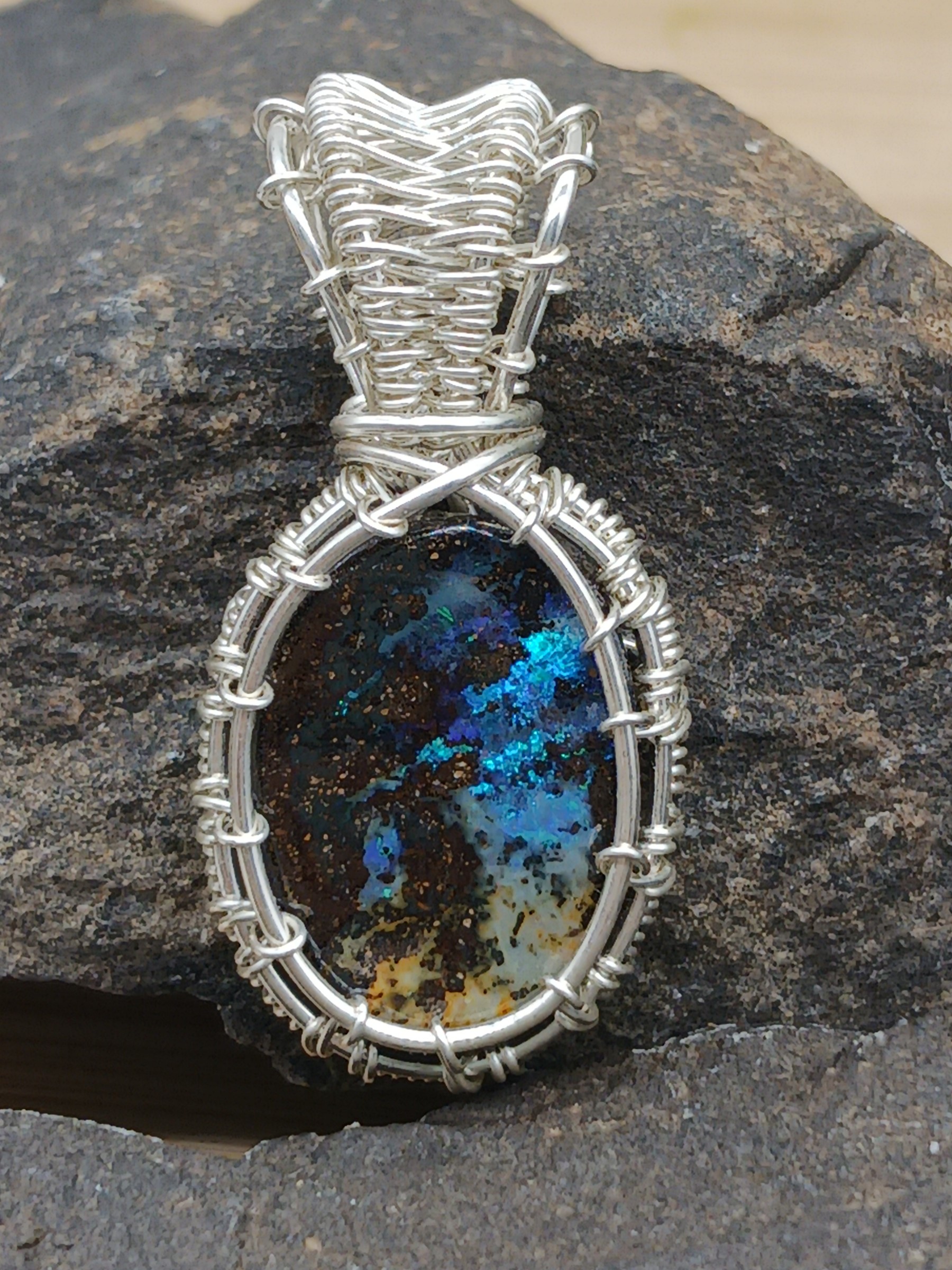 Kettenanhänger Boulderopal in Blau und Braun 925 Silber – Bild 2