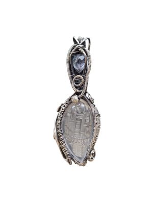 Anhänger Rosenquarz mit gravierter Burg und Turmalin in Sterlingsilber