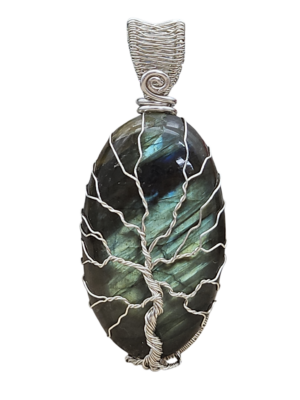 Anhänger Lebensbaum auf Labradorit blau/gelb