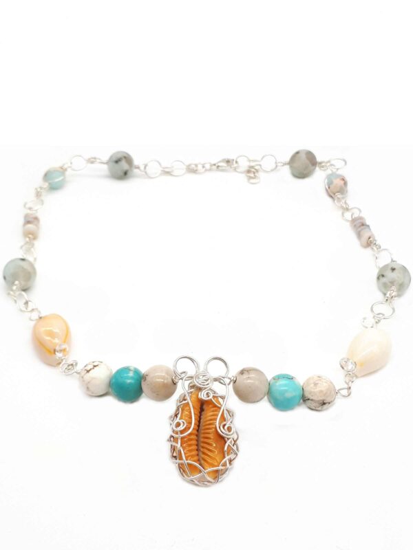 Kauri-Muschel-Halsband mit Opalrondellen und Achatperlen (Boho-Style)