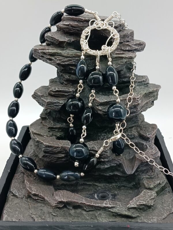 Halskette mit Obsidian-Falkenauge in schwarz Sterlingsilber 50 cm – Bild 6